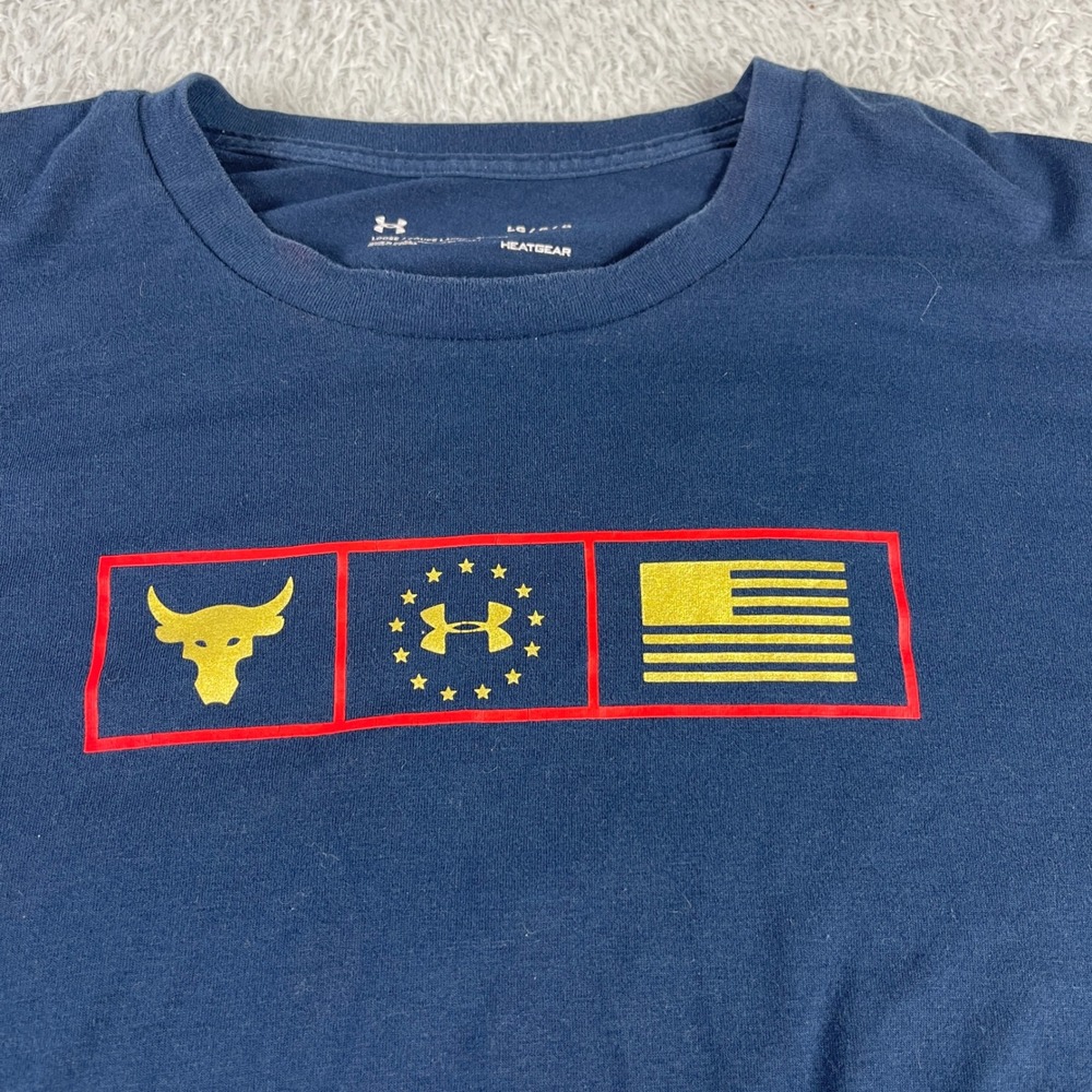 Under Armour Project Rock Mens Large Navy Blue Long Sleeve Brahma Bull T-Shirt - Picture 2 of 9